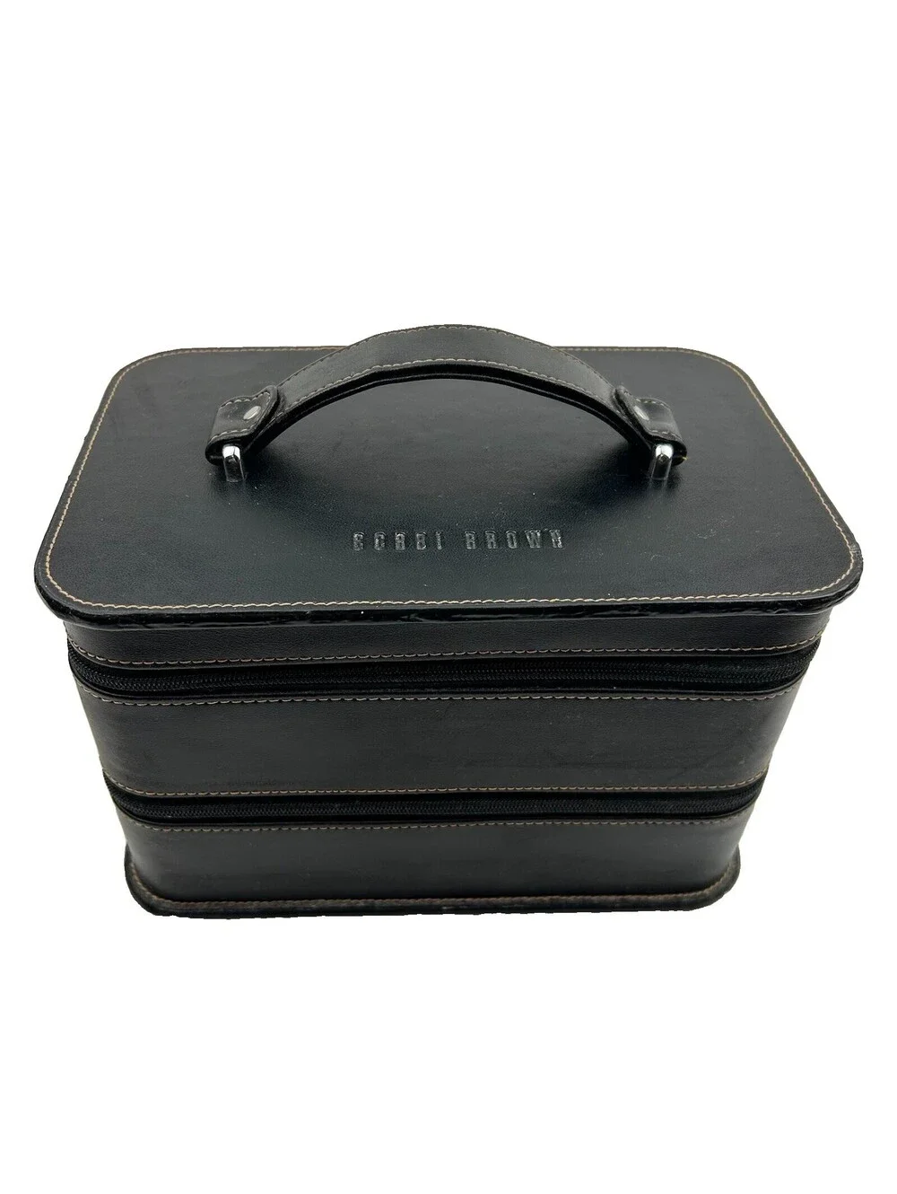Bobbi Brown Black Leather Makeup Train Case Tan Tiered 2 Zip Cosmetic Bag  LS#12